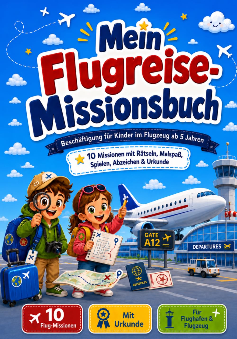 Mein Flugreise-Missionsbuch: Beschäftigung für Kinder im Flugzeug ab 5 Jahren - 10 Missionen mit Rätseln, Malspaß, Spielen, Abzeichen und Urkunde. Fürs Flugzeug und Flughafen