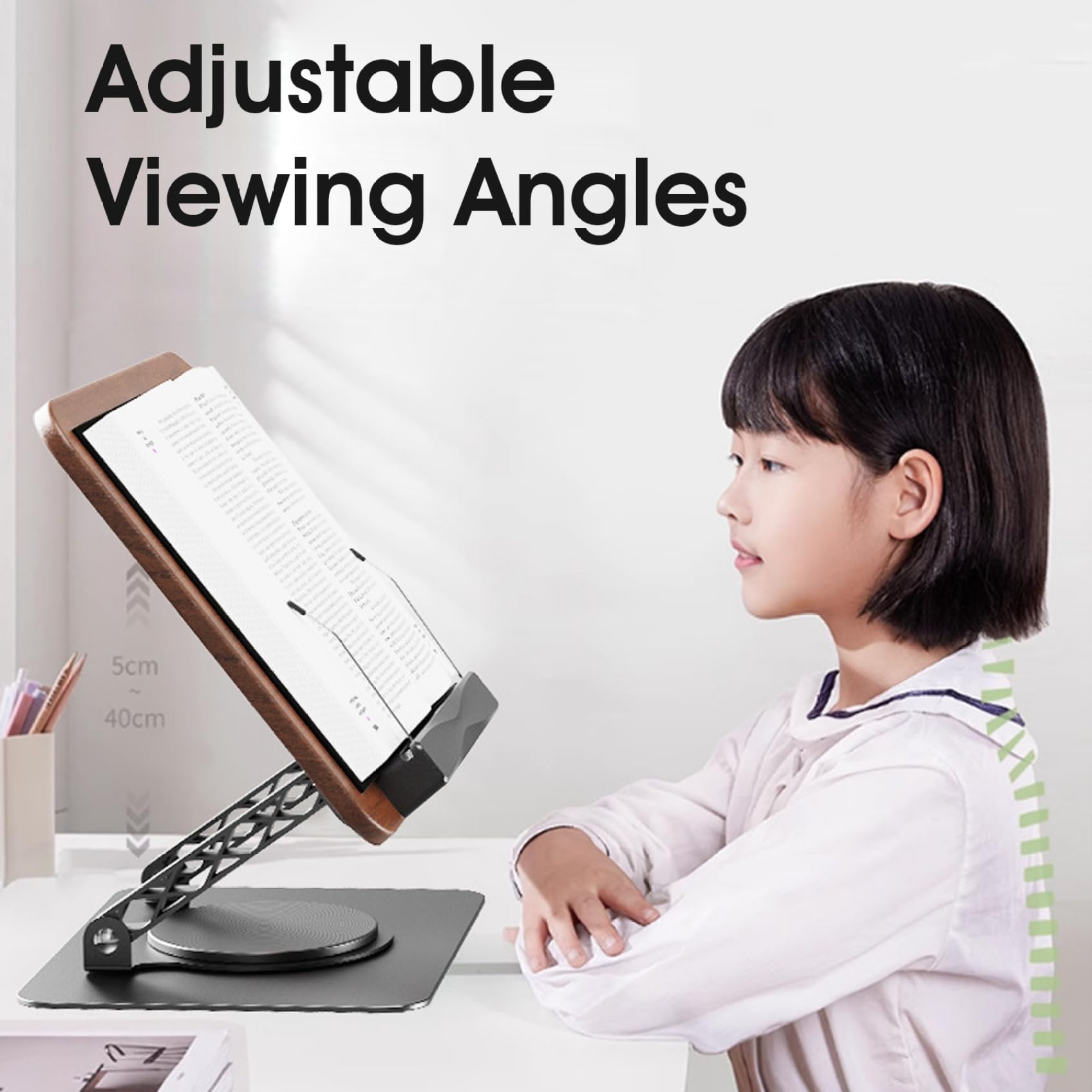 Support de livre pour la lecture, support de livre réglable pour la lecture, pliable avec bases rotatives à 360° et clips page élastiques, pour cuisine, tablette, magazine