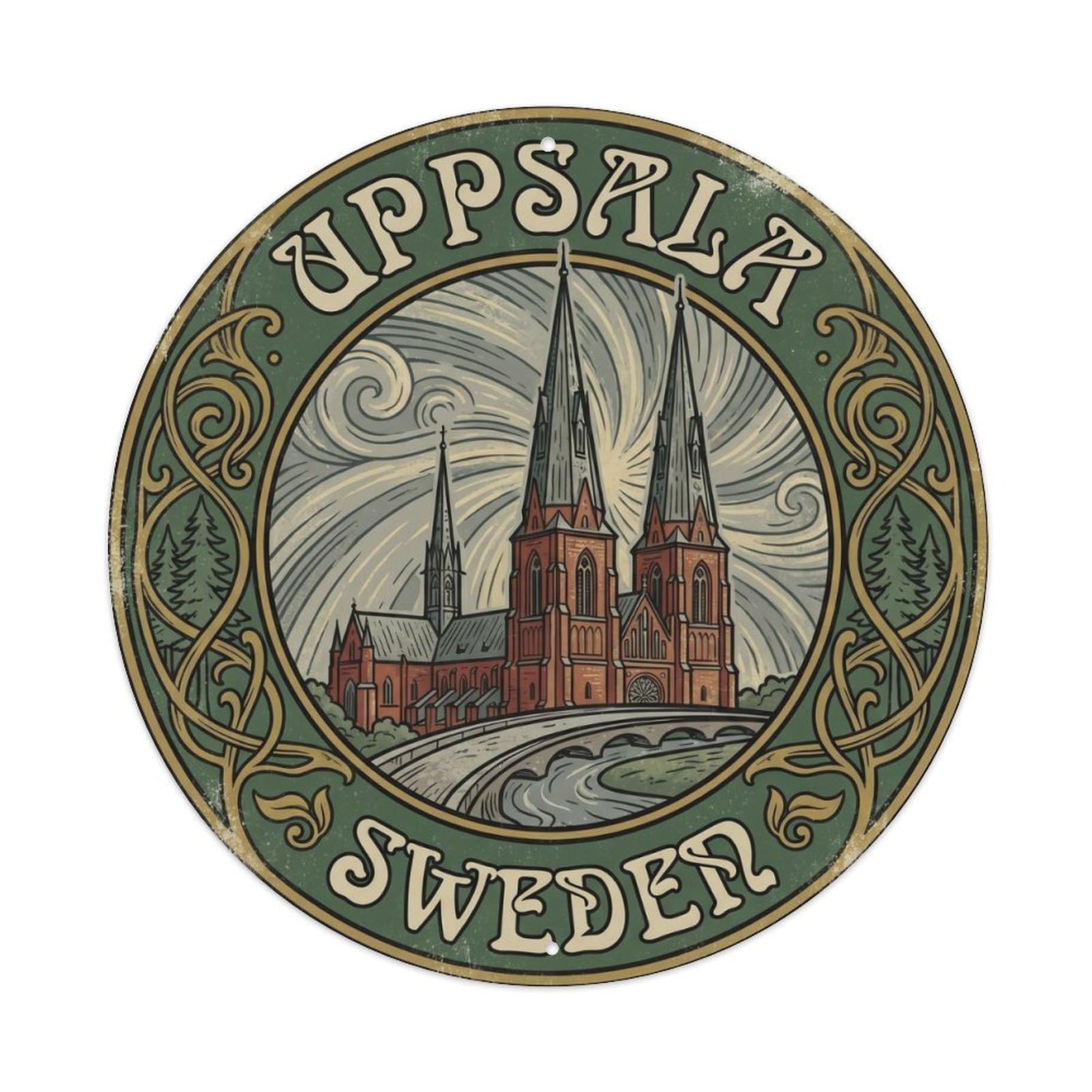 Retro Sweden Uppsala Round Travel Vintage Metal Tin Sign Plaque Wall Decor for Cafe, Club Bar, Office, Garden Metal Poster 8x8Inch