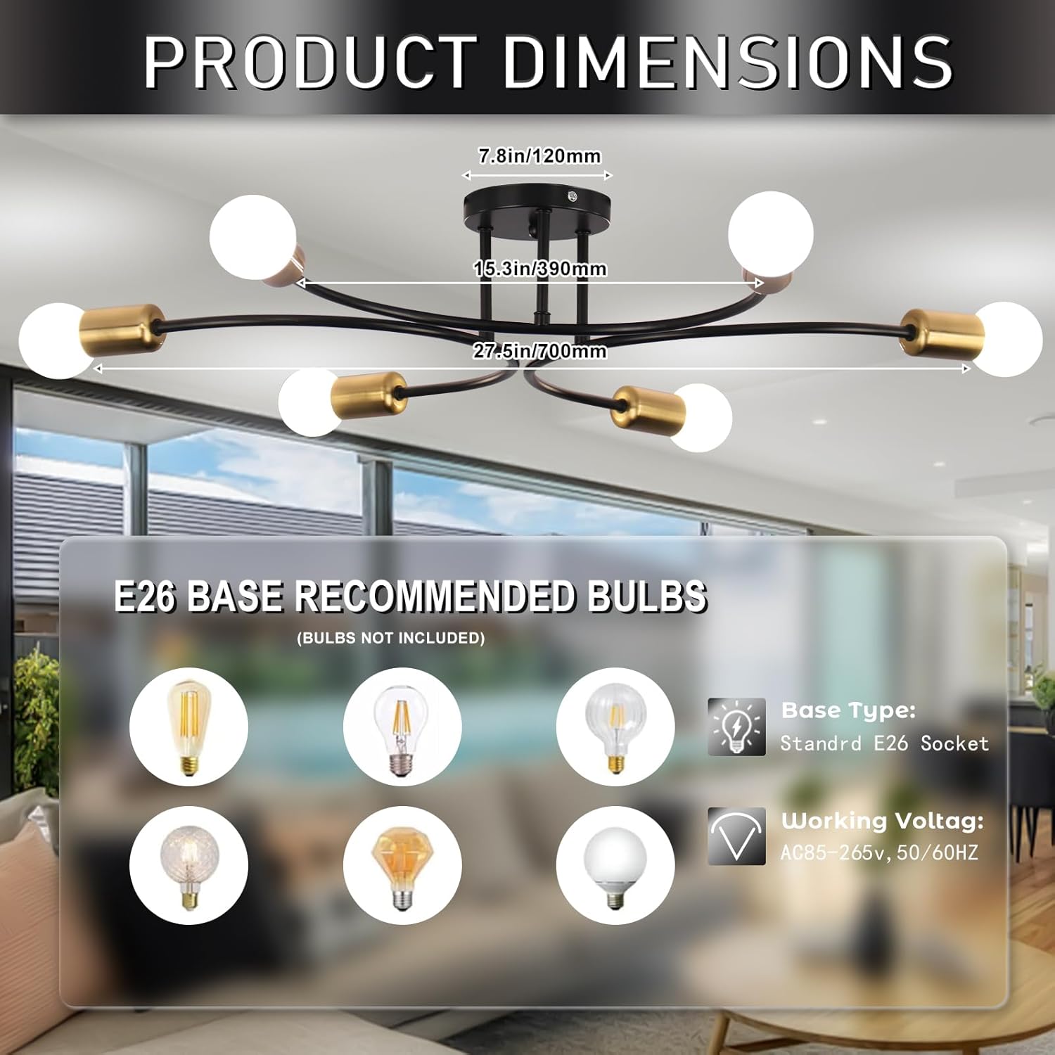FRIXCHUR Modern Semi Flush Mount Ceiling Light Fixture 6-Lights Sputnik Chandelier Light Black and Gold Close to Ceiling Light Fixture for Living Room Bedroom Kitchen
