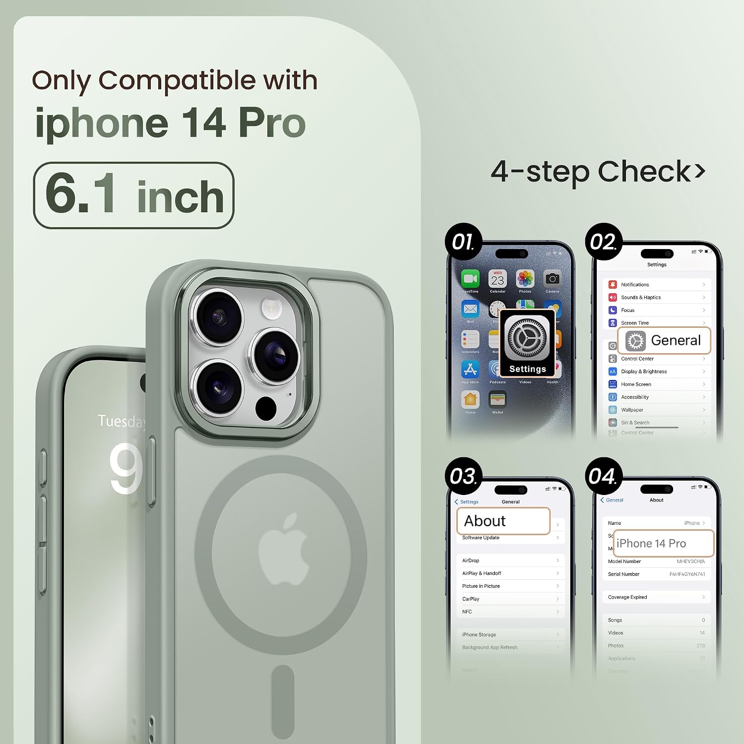 GolbinBox for iPhone 14 Pro Case, Compatible with Magsafe, Built-in Invisible Stand, Military-Grade Protection, Anti-Scratch Translucent Matte Hard Back Shockproof Protective Phone Case, Calke Green thumbnail