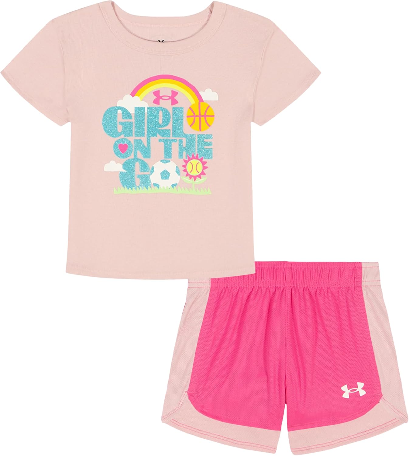 Under Armour Girls' 2-piece Short Sleeve Tee and Shorts Set, Lightweight and Comfortable, Prime Pink Baby, 3T