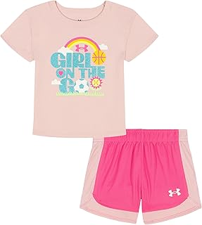Under Armour Girls' 2-piece Short Sleeve Tee and Shorts Set, Lightweight and Comfortable, Prime Pink Baby, 2T