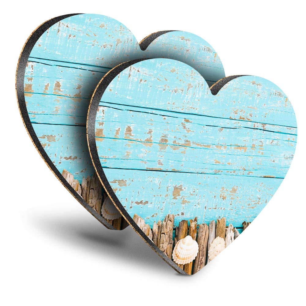 Destination Vinyl ltd Great Coasters (Set of 2) Heart - Seaside Drift Wood Sea Shells Drink Glossy Coasters/Tabletop Protection for Any Table Type #15789