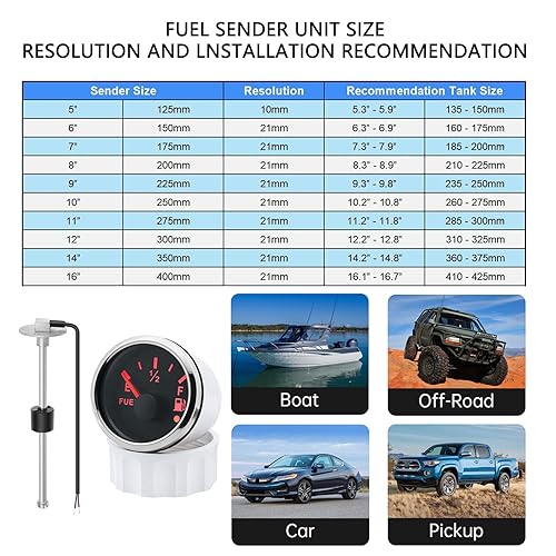 Miniatura 9 de Unidad de envío de combustible y kit de medidor 240-33ohm 10" Conjunto de remitente de nivel de combustible de agua para barco marino (blanco)