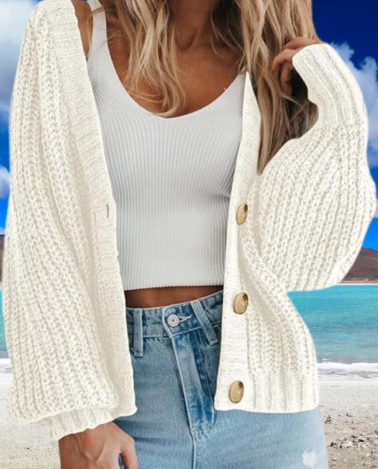 Ultimate Womens Thick Knit Cardigan Sweater Cozy Long Sleeve Button Loose Short Warm Cardigan Sweater - Image 5