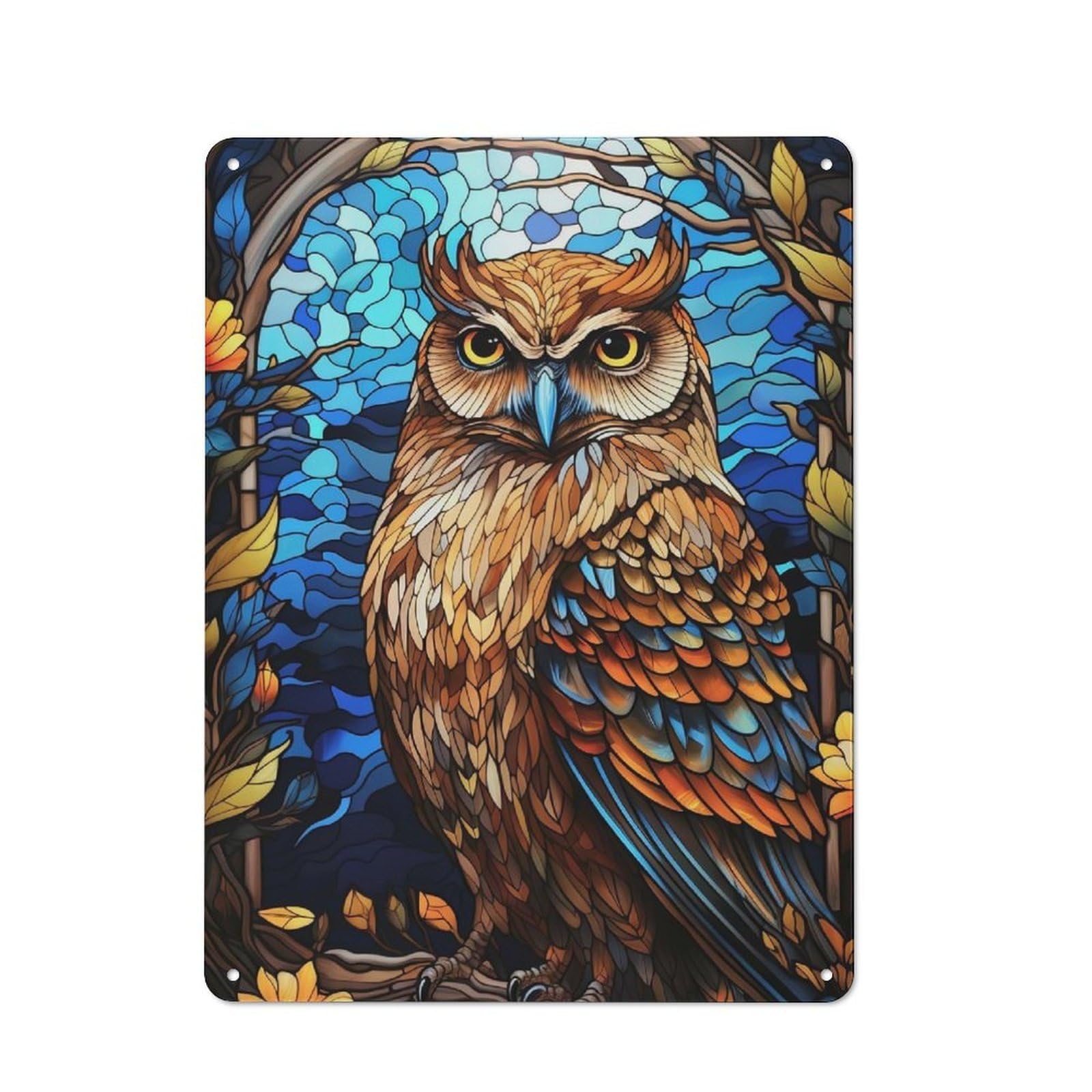 Junmoney Stained Glass Owl Portrait Metal Plaque 40X30cm With For Pub Or Café, Retro Decor, For Pub Decor Enthusiasts Refreshing A Room In Autumn