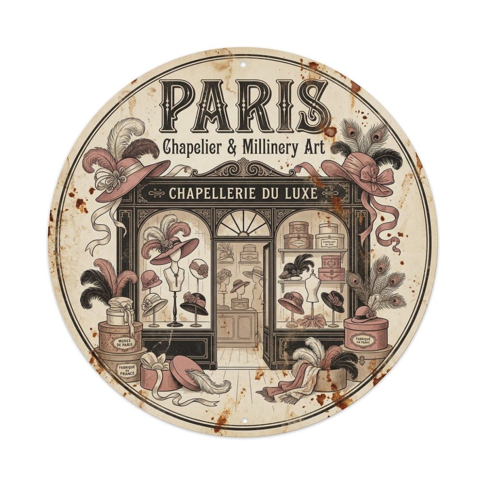 Olhnbad Style Paris Millinery Hat Shop Route Travel Vintage Metal Tin Sign