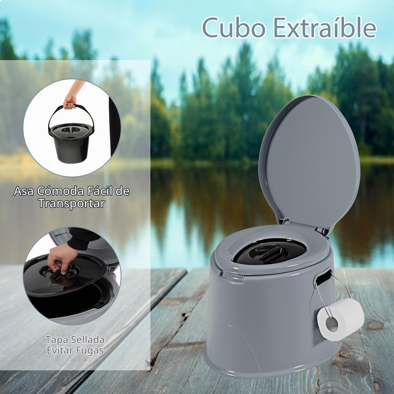 SOARS Inodoro Portátil con Tambor Interior Extraíble y Tapa, Carga 200KG(MAX), Inodoro Móvil de Camping con Soporte para Papel, 41 x 49 x 34 cm Vater Portatil para Senderismo Acampar Viajar