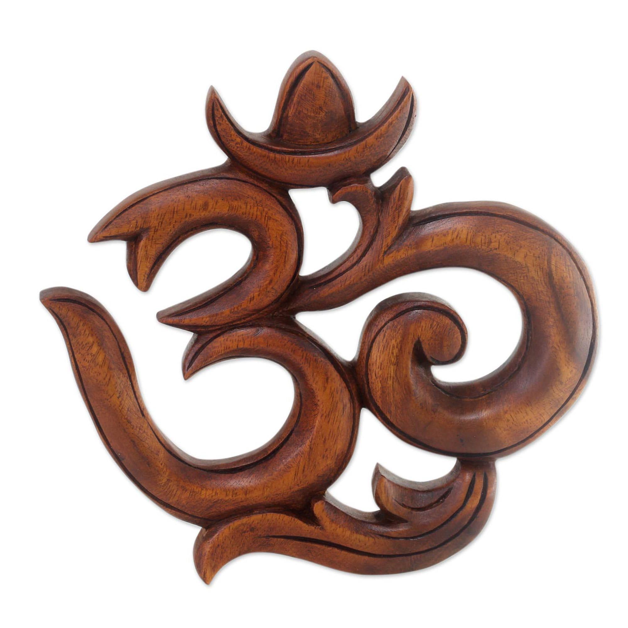 NOVICA Hand Carved Suar Wood Relief Wall Sculpture 'Sacred Om'