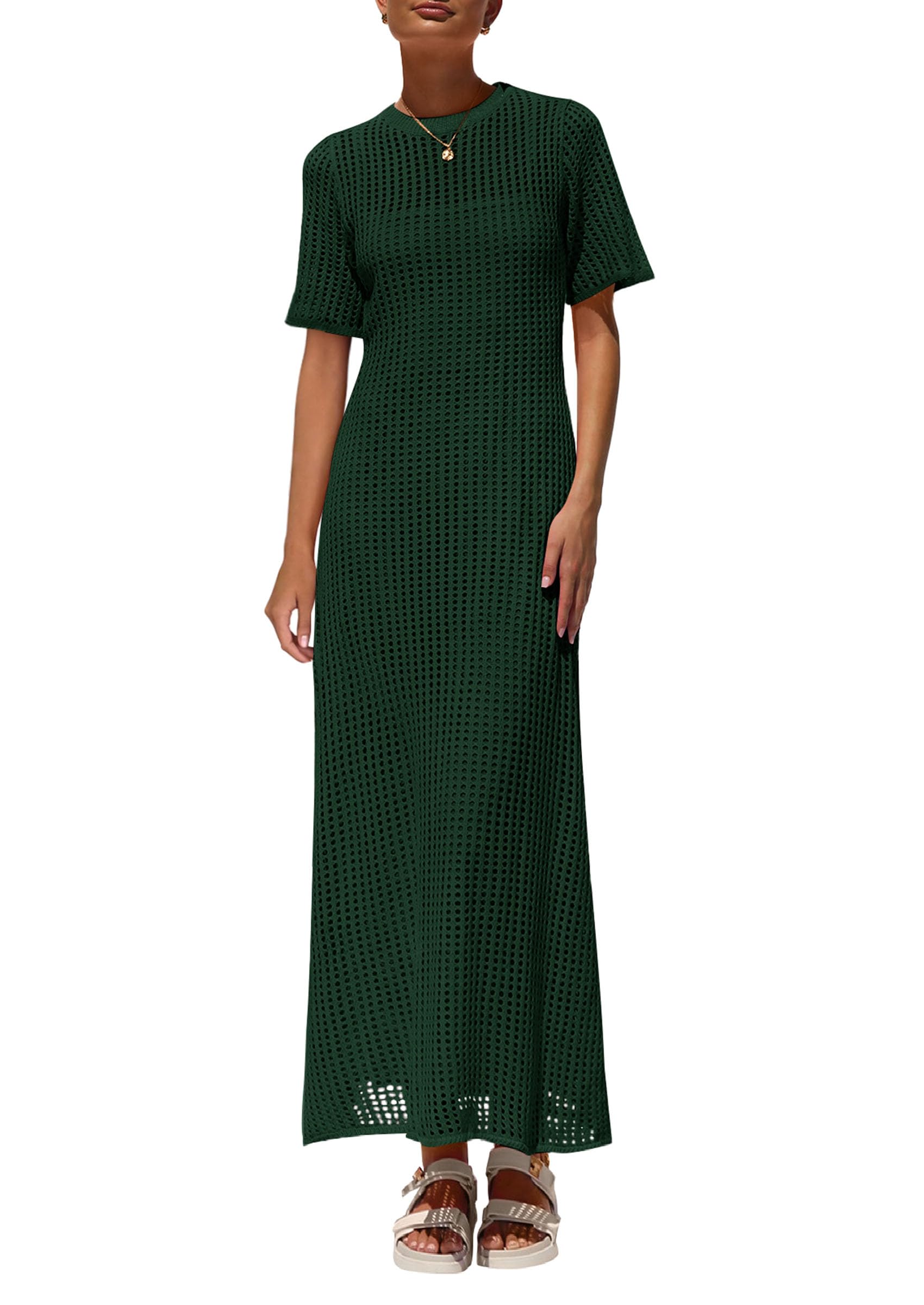 PRETTYGARDEN Womens Eyelet Cover Up Dress 2026 Summer Vacation Resort Maxi Dresses Beach Short Sleeve Hollow Out Sundress