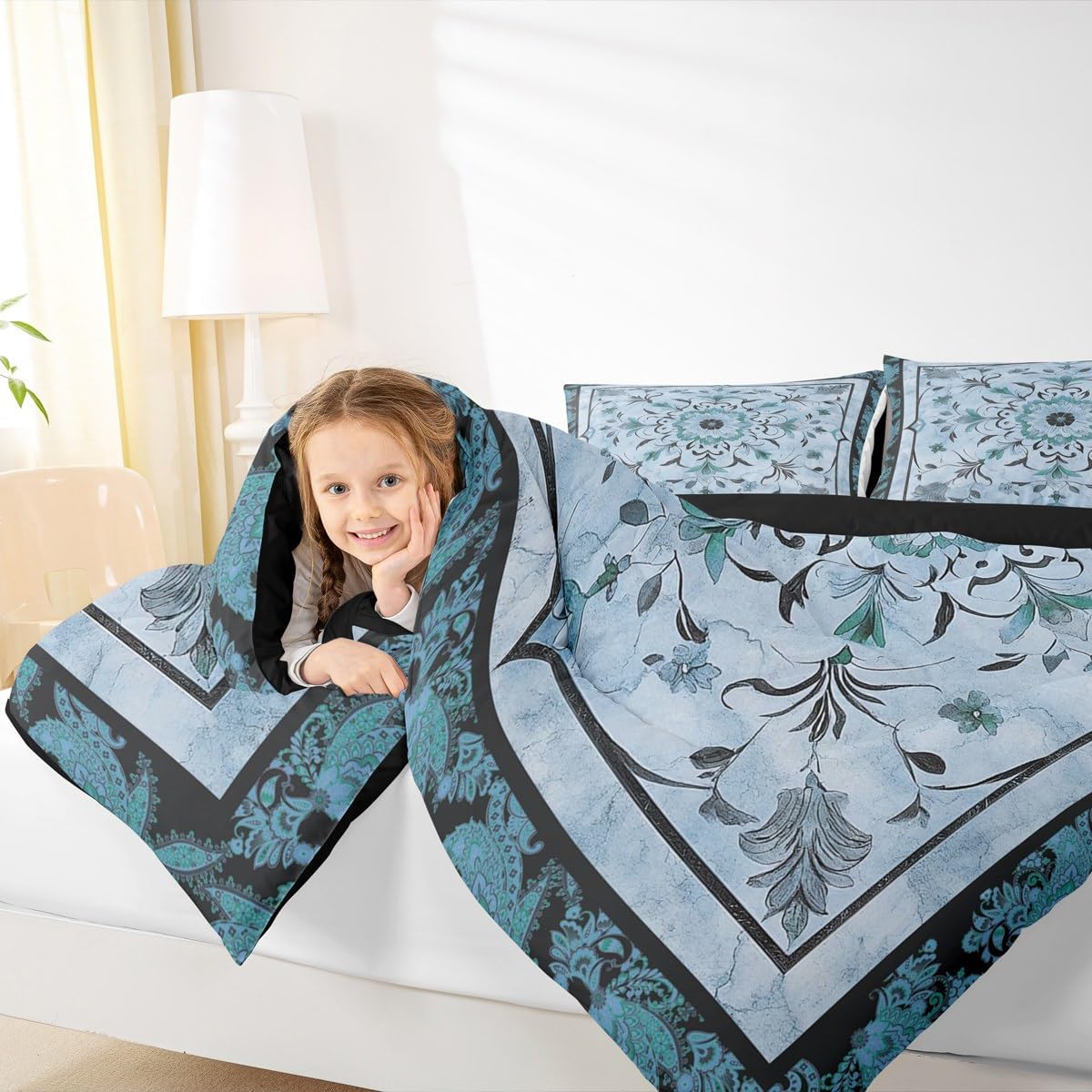 Retro Flowers Kids Bedding Sets Rustic Floral Art Paisley Print Reversible Comforter for Boys Blue Gray Black Plaid Quilt Set Soft Duvet Insert,1 Pillowcase Toddler Size image 5
