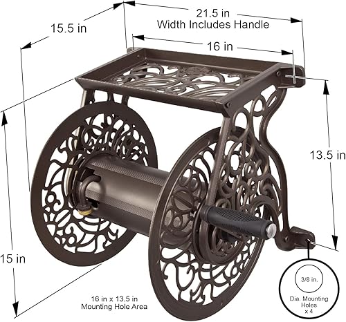 Vista 6 de Carrete portamangueras decorativo Liberty Garden Products, producto número 704, con soporte de pared de aluminio fundido para manguera de hasta 125