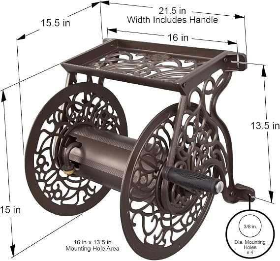 Liberty GARDEN 704 Decorative Cast Aluminum Wall Mount Garden Hose Reel, Holds 125-Feet of 5/8-Inch Hose - Bronze