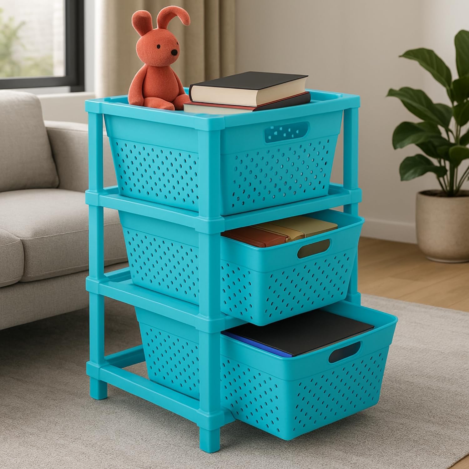 3-Tier Plastic Storage Cabinet Organizer/Modular Plastic Drawer System for Home, Office, Hospital, Parlor, School, and Kids' Rooms/Modular Kitchen & Toy Organizer (Blue)