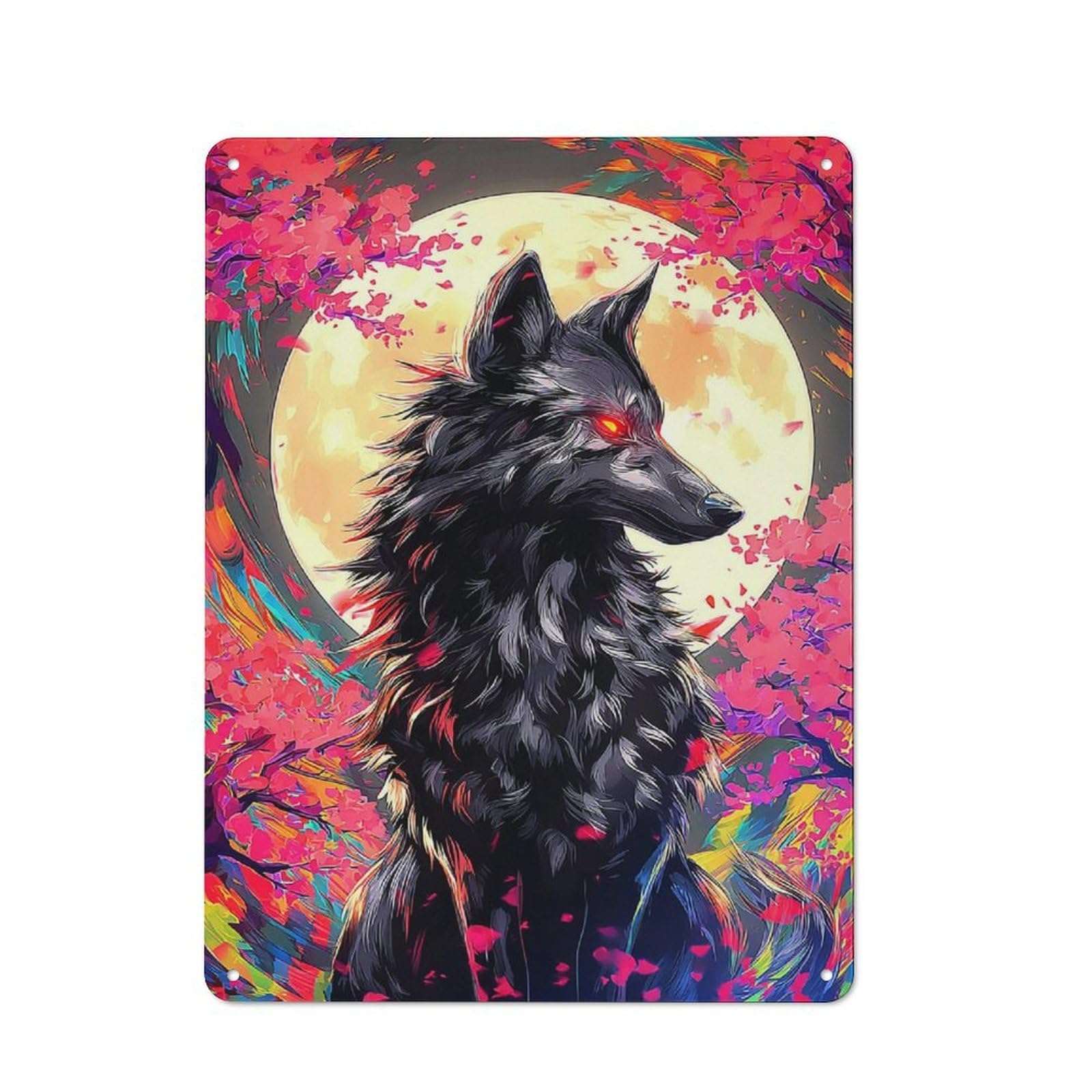 Wolf Moon Fantasy Artwork Cottage Metal Wall Decor 40x30cm, Shed Metal Sign for Conservatory, Home Bar Or Utility Room
