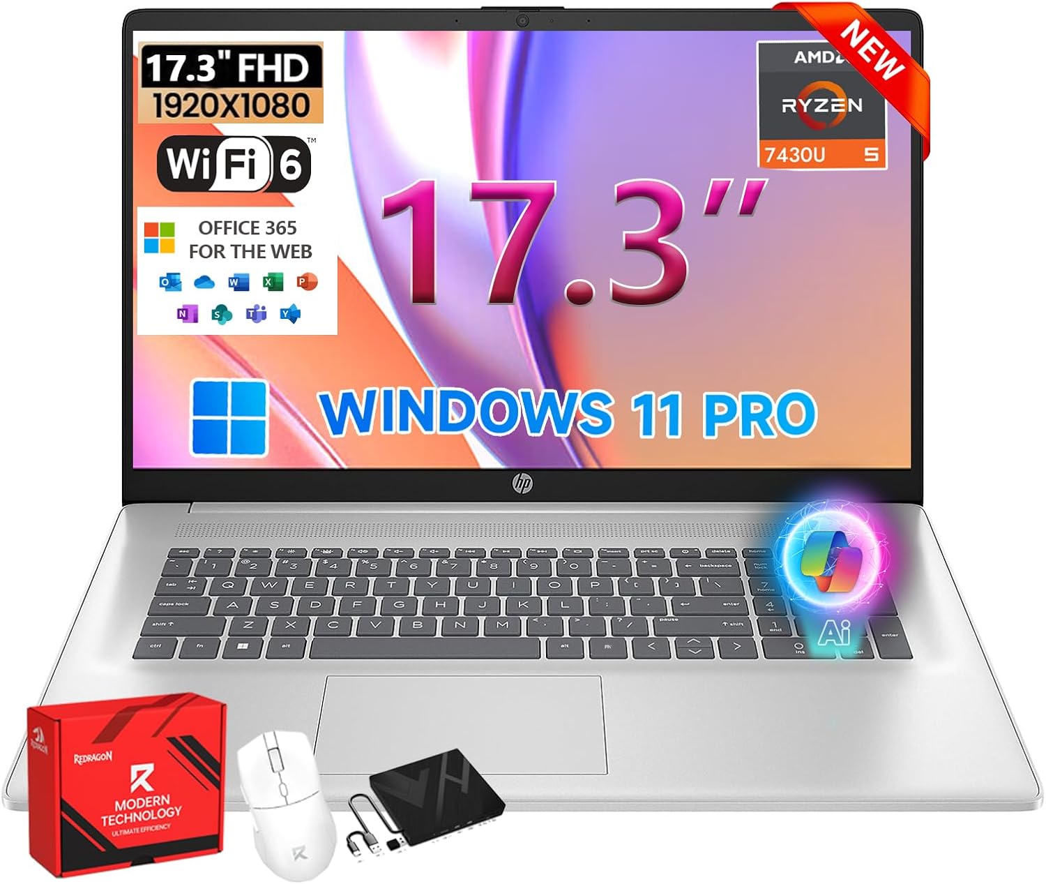 HP 17 inch FHD Student Business Laptop, 64GB RAM 2TB SSD, AMD Ryzen 5 7430U, Windows 11 Pro, 17.3" FHD IPS, Copilot AI, Numeric Keyboard, Type-c, w/Accessories