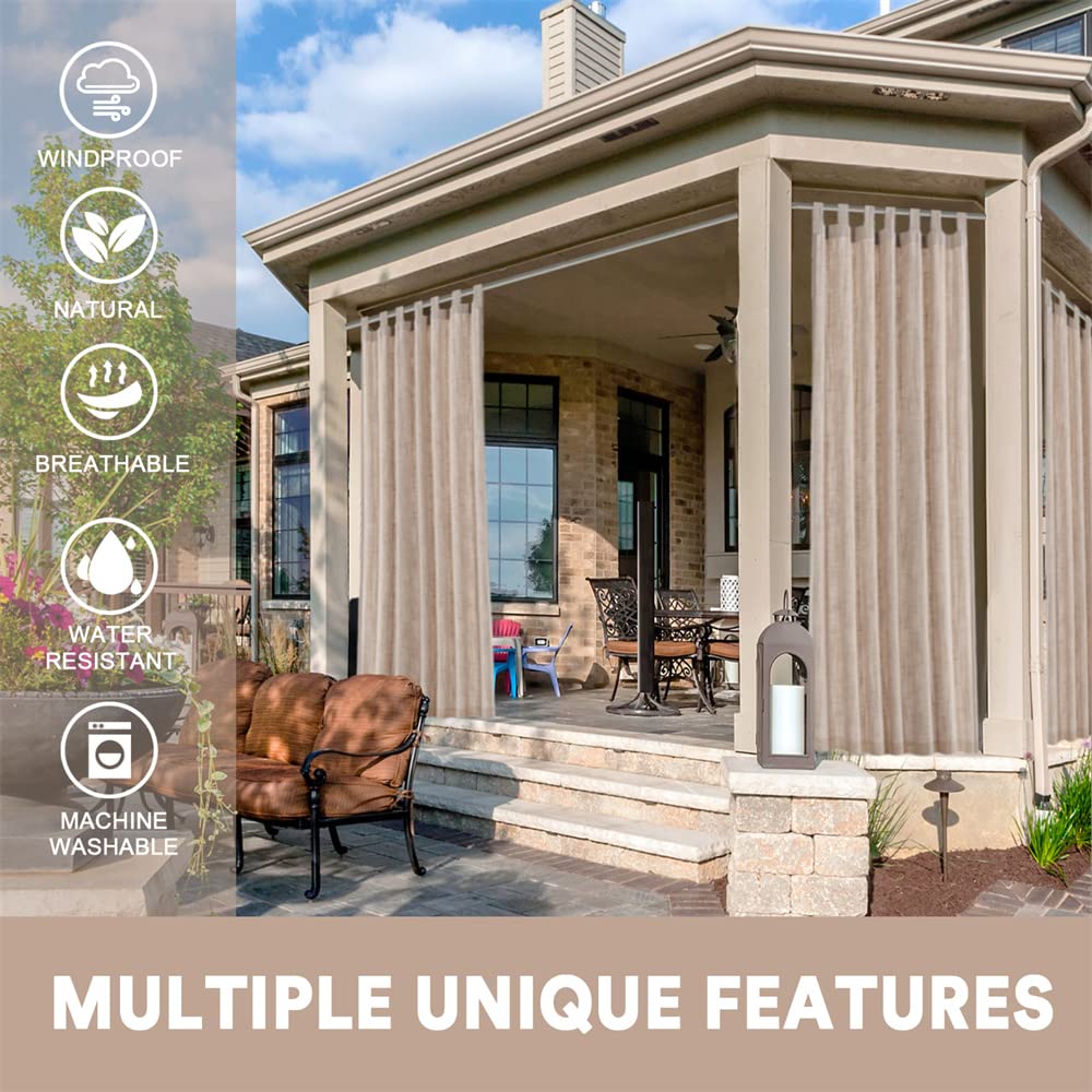 Waterdichte buitengordijnen voor terras, premium dikke privacy, weerbestendig buitengordijnen, afneembare kleverige tab top voor veranda, pergola, cabana (linnen, 132 x 274 CM -1PCS