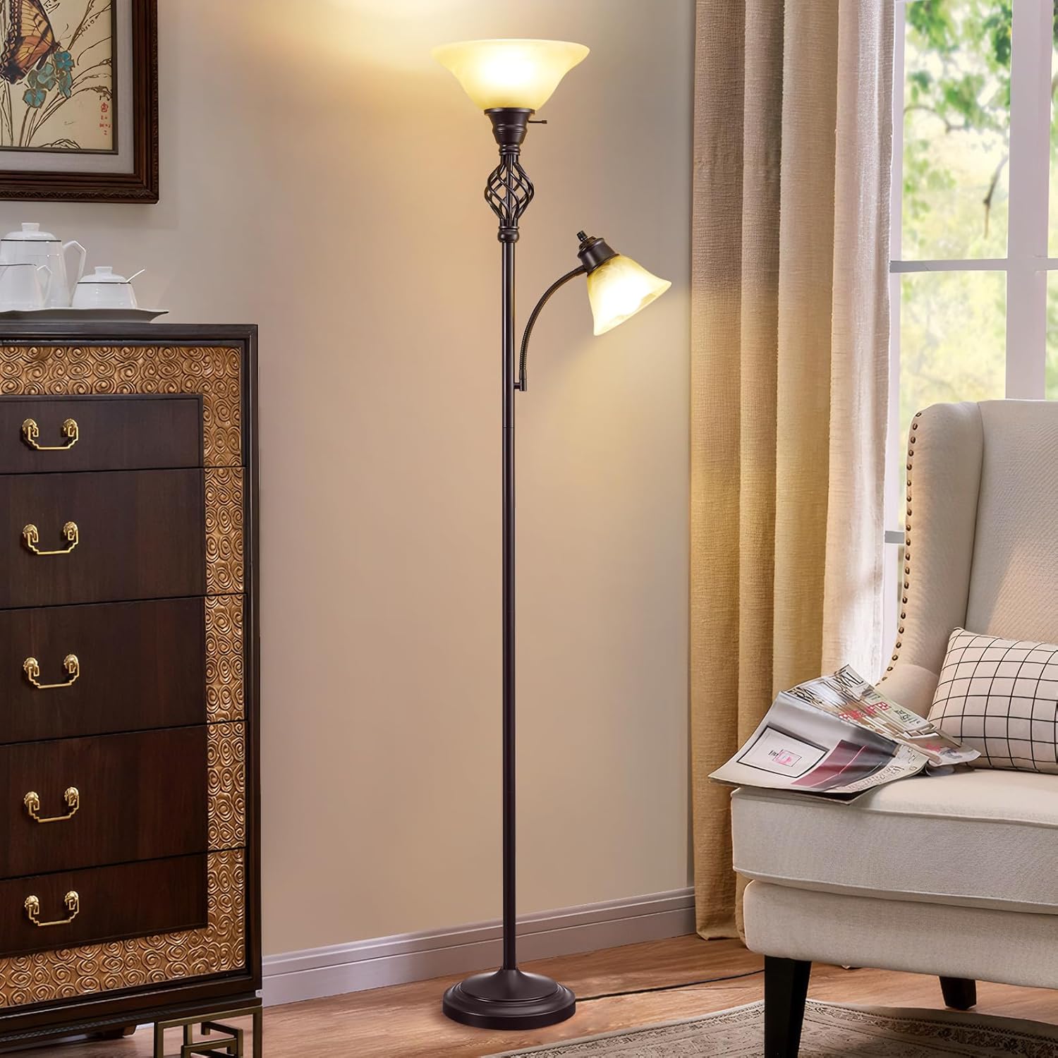 GyroVu Torchiere Floor Lamp for Living Room, LED Standing Reading Light for Bedroom with Glass Shade for Living Room Corner Bedroom Home Office,Bulbs Included (Yellow Lampshade, Glass 2 Head)