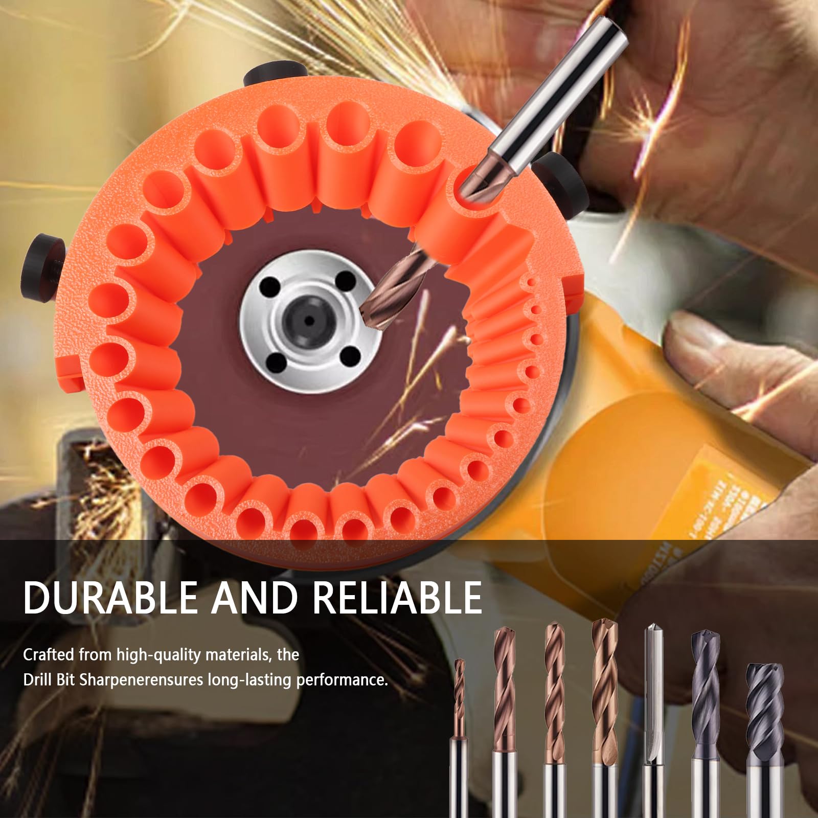 Herramienta afiladora de brocas para amoladoras angulares, compatible con 125 mm, afilador de brocas de mano para todas las brocas, brocas de 2 a 13 mm, color naranja