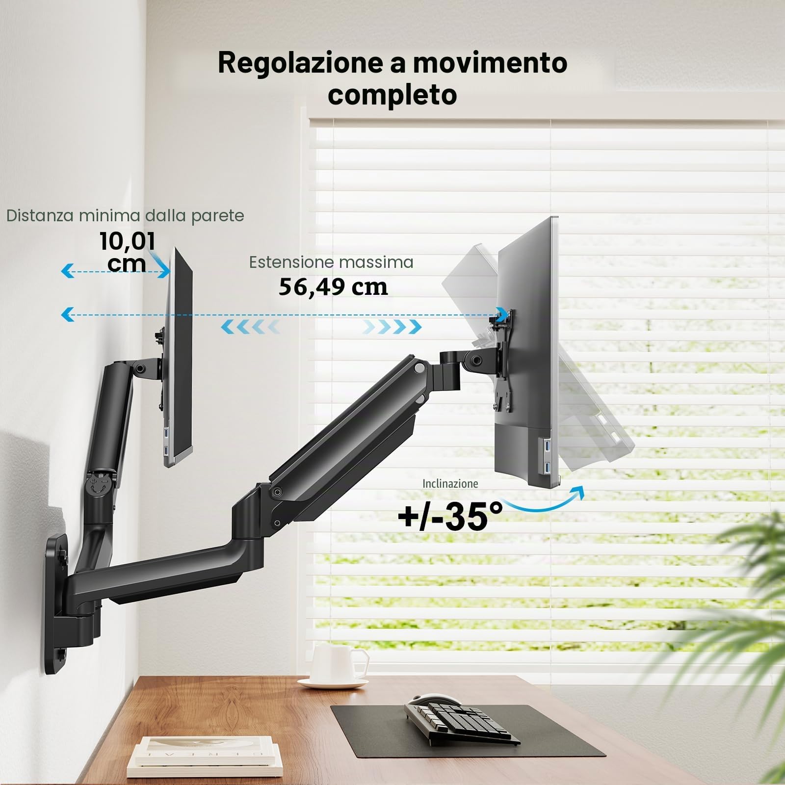 HUANUO Doppio Supporto a Parete per Schermi da 17 a 32 pollici, Supporto per Monitor a Parete con Pistone a Gas, Doppio Braccio per Monitor Supporto VESA 75/100 mm, capacità di carico 2-8kg