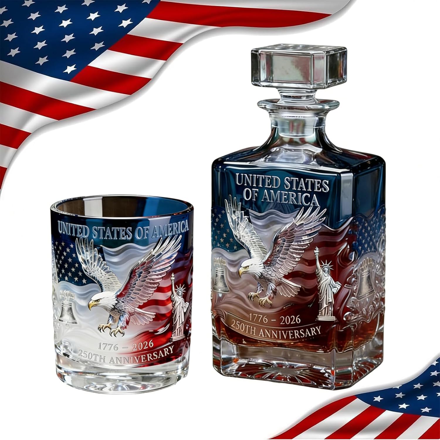 250th Anniversary Whiskey Bottle, U.S. 250th Anniversary Heritage Whiskey Bottle & Glass Set, We The People 250 Anniversarys Decanter for Scotch Bourbon or Wine, Gifts for Father's Day (#c-750ml)