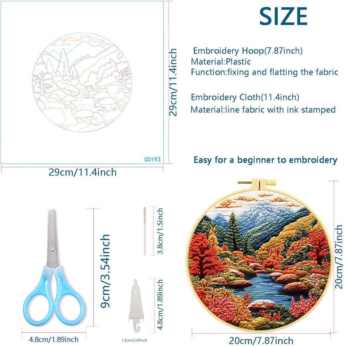 Zhenqing Mountain Landscape Embroidery Kit 4 Pack, Seasonal Scenery Craft Set with 20cm Hoop, Printed Designs on 29x29cm Cotton Fabric, DIY Nature Wall Art (JC0166)