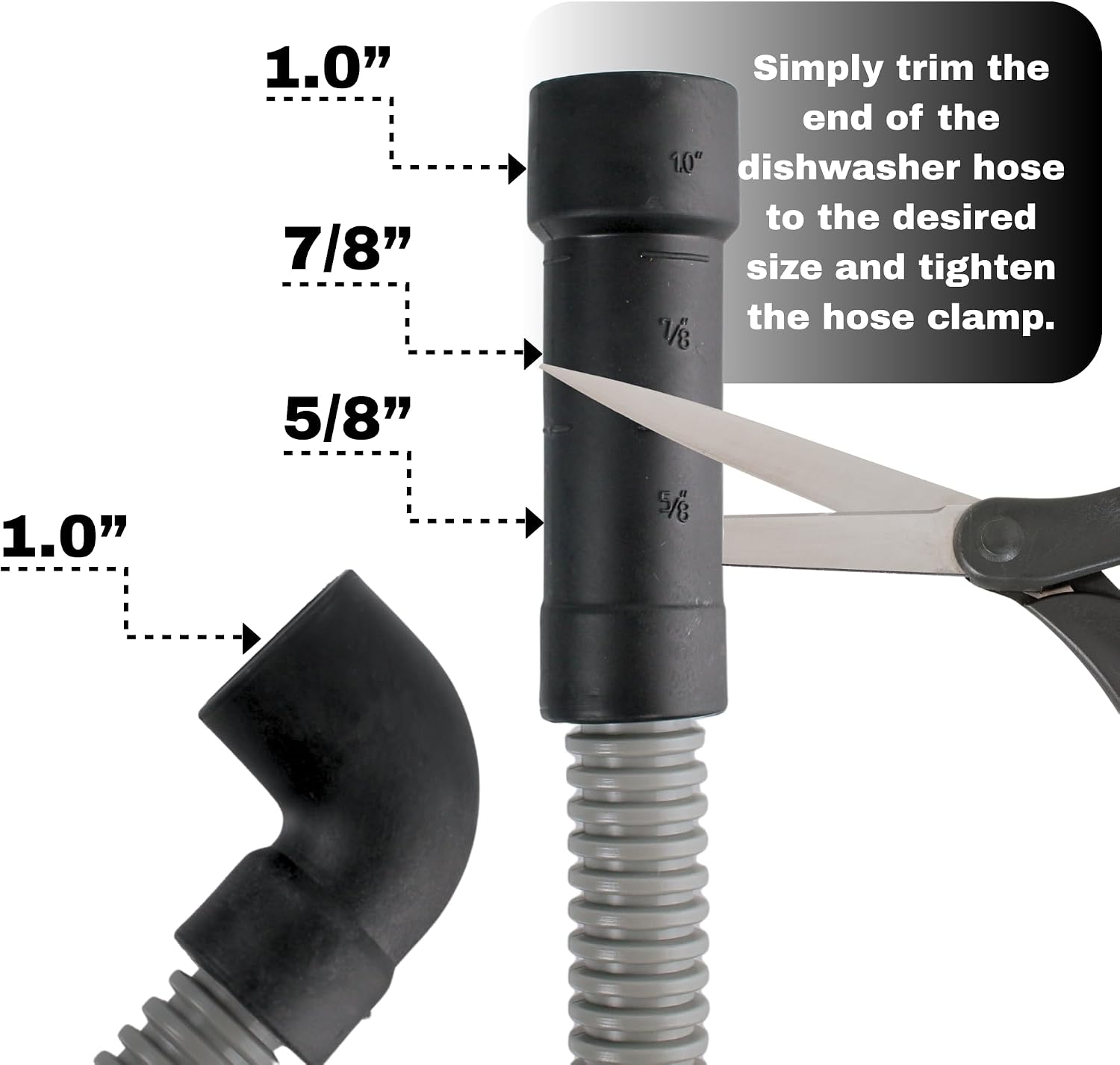 10 FT Dishwasher Drain Hose with 90° Elbow Connector & 2 Stainless Steel Clamps - Universal Replacement Discharge Hose, Fits 5/8", 7/8", 1" Drain Outlets - Heavy-Duty Corrugated Flex Tube