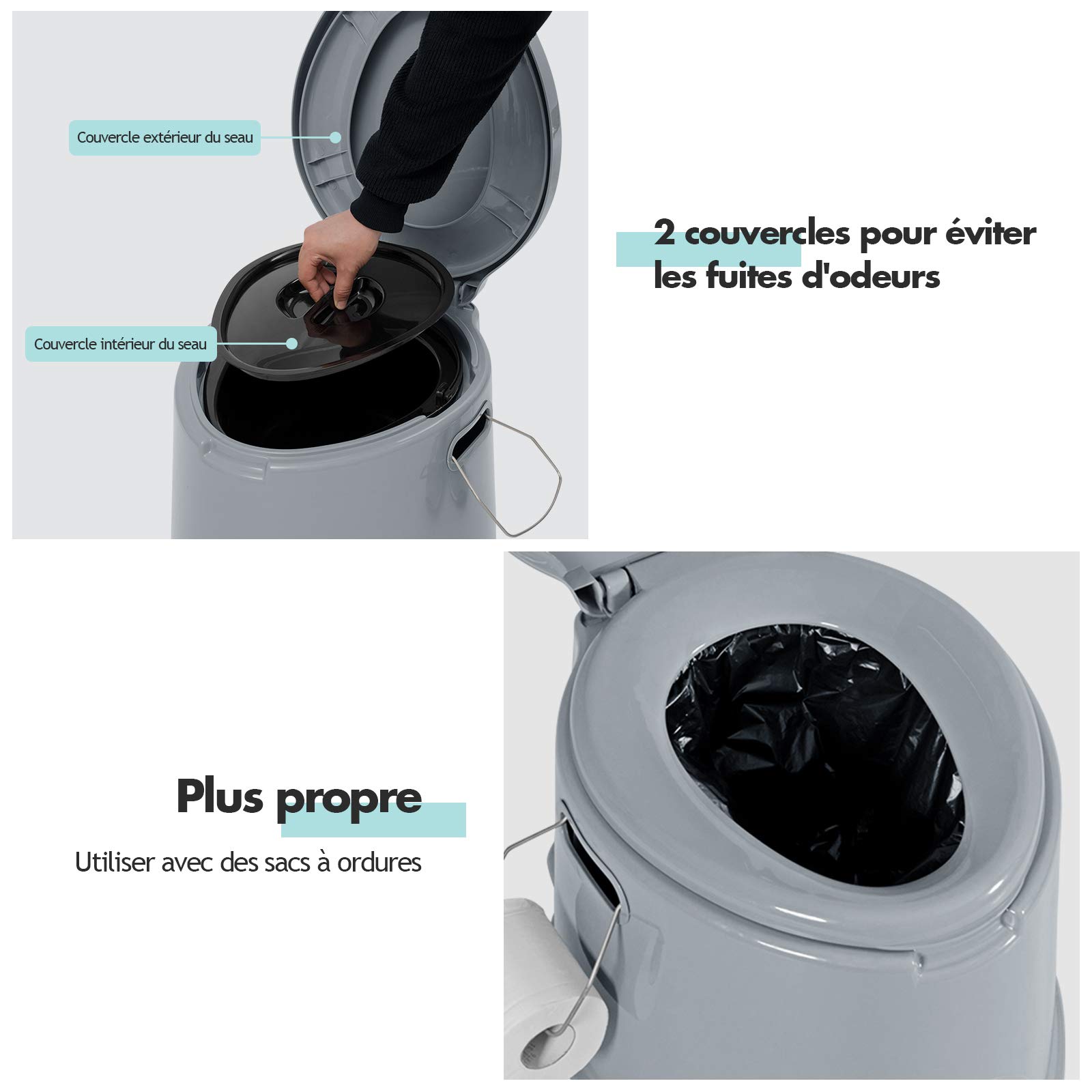 DREAMADE Toilette Portable – 5L Porte Rouleau de Papier Toilette, Utilisation à l’Intérieur et l’Extérieur pour Personnes Agés et Maladies, Voyage pour Caravanes, Campings en Plein Air, Gris et Noir