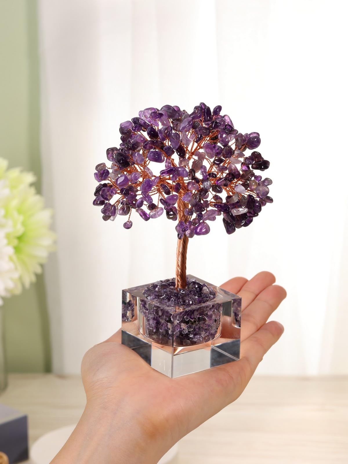 JSDDE Arbre de Vie en Pierres Naturelles avec Base Cube Transparent en Verre Feng Shui Bonsai Arbre de Cristal Porte Bonheur 7 Chakra Reiki Guérison Spirituel Décoration Maison Intérieurs (Améthyste)