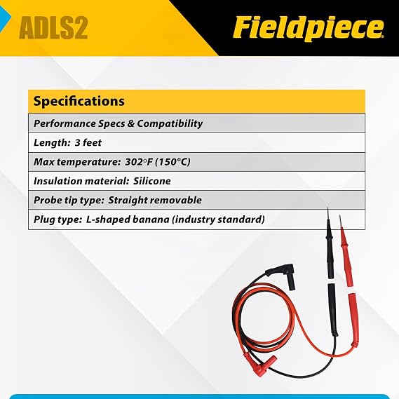 Fieldpiece ADLS2 - Deluxe Silicone Test Leads - Professional HVAC/R Multimeter Lead Set with Gold-Plated Tips - Basket Style Strain Relief with Industry Standard L-Shaped Banana Plug Type