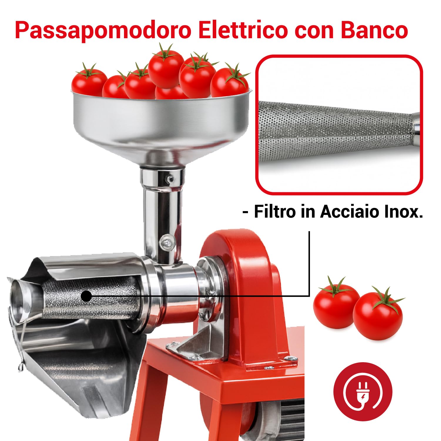 Crisalide® - Passapomodoro Elettrico N.5 Inox con Banco TS, Motore 330W 0,5 HP, Struttura in Alluminio Pressofuso, Filtro e Imbuto in Acciaio Inox, Trasmissione a Cinghia