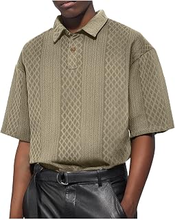 Cambkatl Men's Jacquard Workout Golf T Shirts Loose Lapel Collar Pullover Casual Short Sleeve Sports Muscle Tee Tops