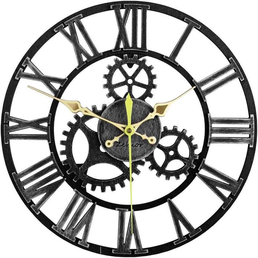 Vintage Wall Clock,Night Light Function,Handmade Wooden 3D Industrial Gear Rustic Decorative Retro Clocks Decor for Living Room/Office/Bar/Restaurant