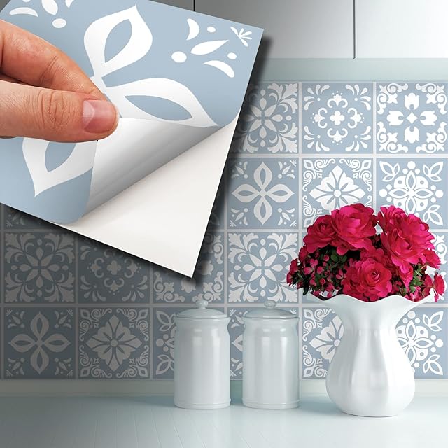 WALPLUS 15cm 24pcs Triana Blue Cemente Wall Tile Stickers Peel and Stick Backsplash Self-Adhesive Vinyl Home Decoration DIY Living Room Splashbacks Spring Easter Decoration Tile Paint Stick on Tiles