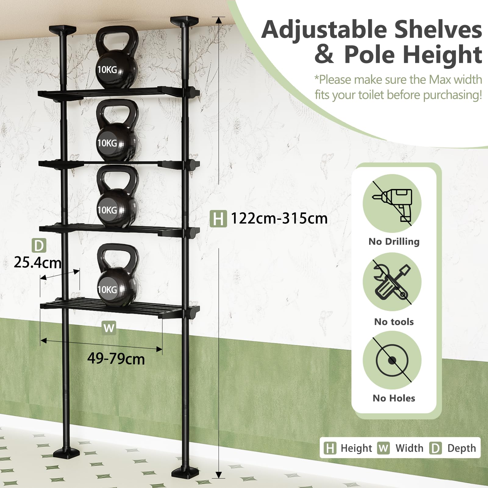 Estantería para inodoro de 4 niveles WELDUN, estante de baño sobre el inodoro ahorrador de espacio, 49-79 cm de ancho, 122-315 cm de alto, estantería para lavadora, organizador de baño, negro