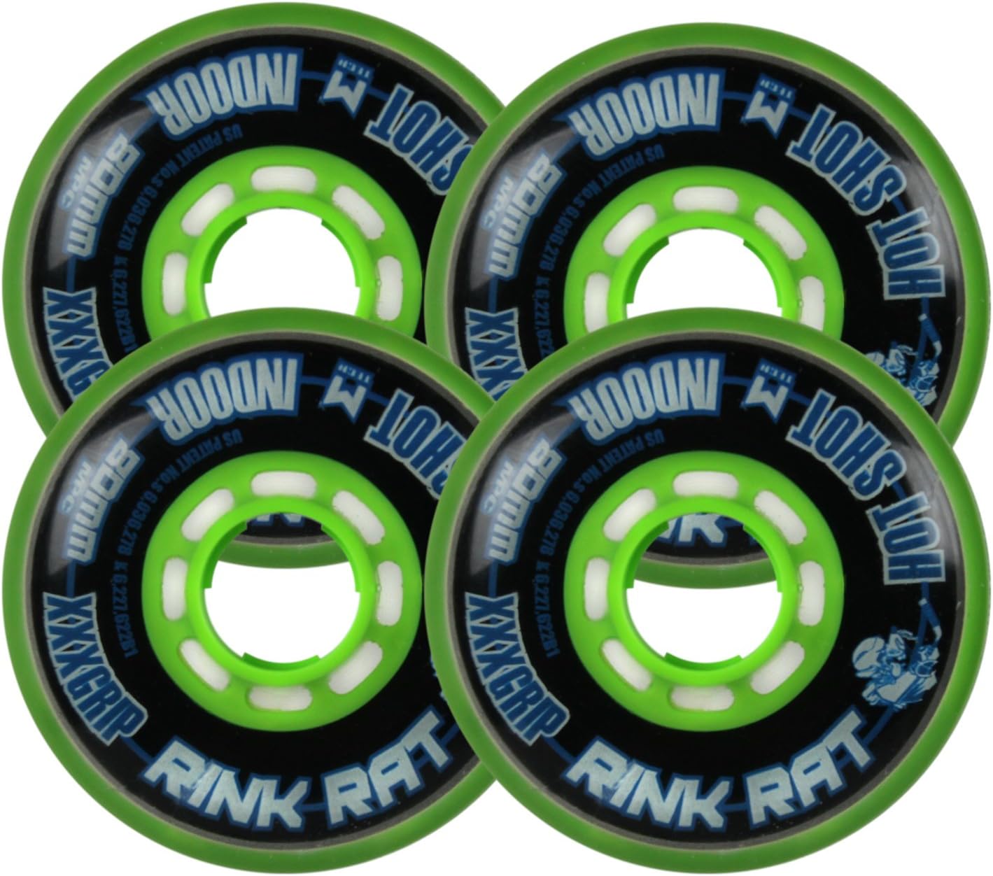 Rink Rat Wheels 80mm 76a Hotshot XXX 4-Pack Black/Green Inline Indoor Hockey