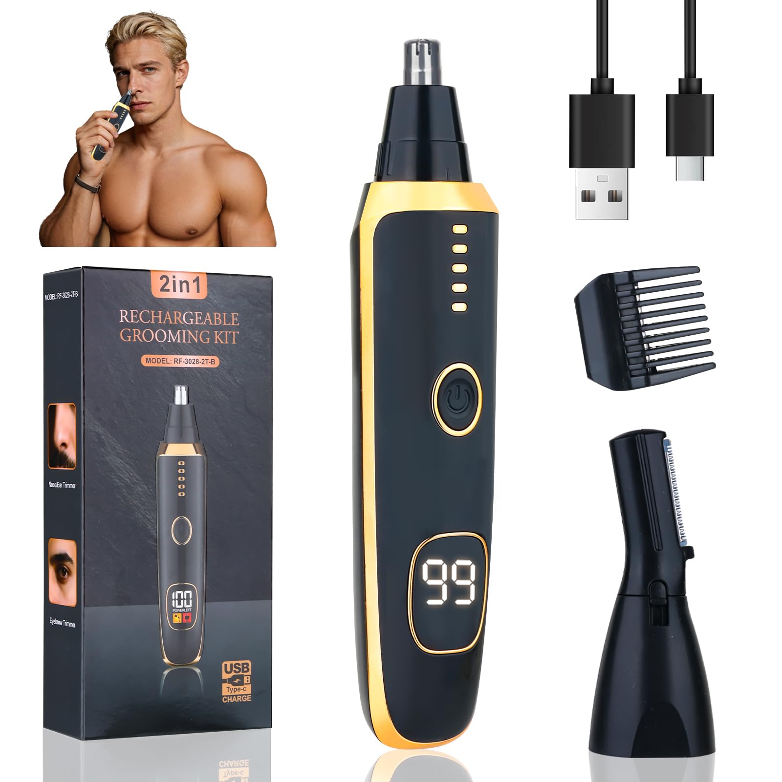 Yunmiss LED Display Eyebrow & Nose Hair Trimmer Clipper for Men Women,2026 Rechargeable 2 in 1 Painless Ear & Facial Hair Trimmer with Powerful Motor and Dual-Edge Blades Easy Cleansing (Black)