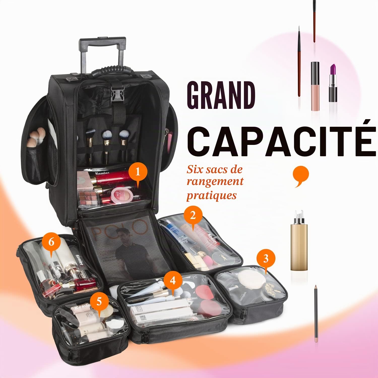 Mallette Maquillage en Nylon Souple à roulettes avec Pochettes, Organiseur Cosmétique Portatif de, Noir