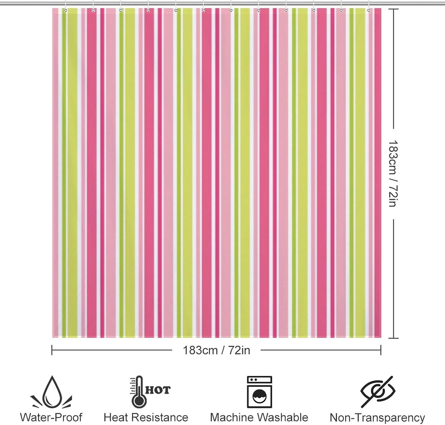 Stylish Hot Pink Lime Green Stripes Shower Curtain Set, Waterproof Shower Curtain Liner for Bathroom Bathtub Decor, with 12 Hooks, 72 x 72inch