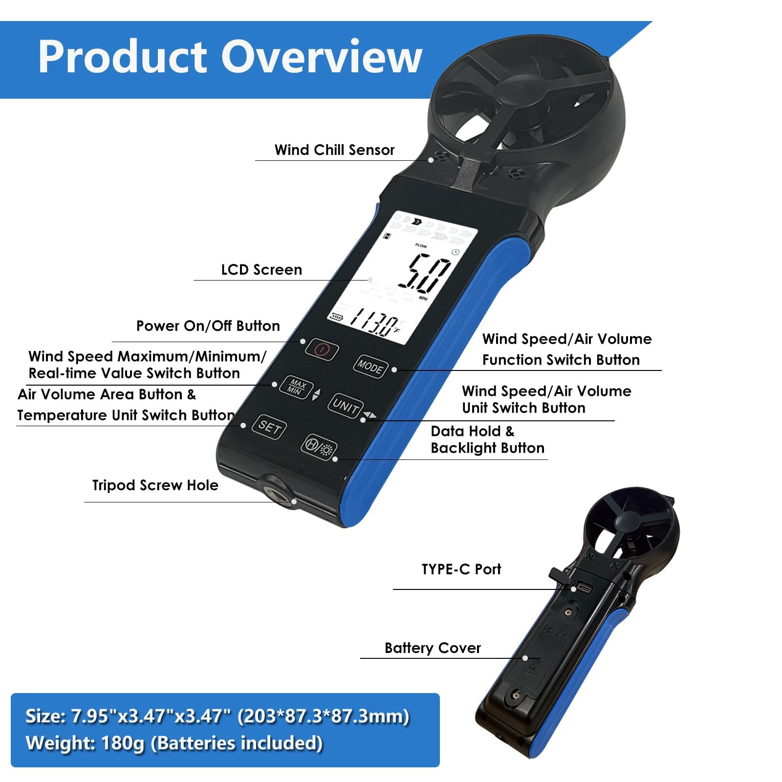 Digital Anemometer CFM CMM CMS Luftstrom-Geschwindigkeitsmesser LCD Hintergrundbeleuchtet Windgeschwindigkeit Windtemperatur HLK Windmesser 270° drehbarer Sensor