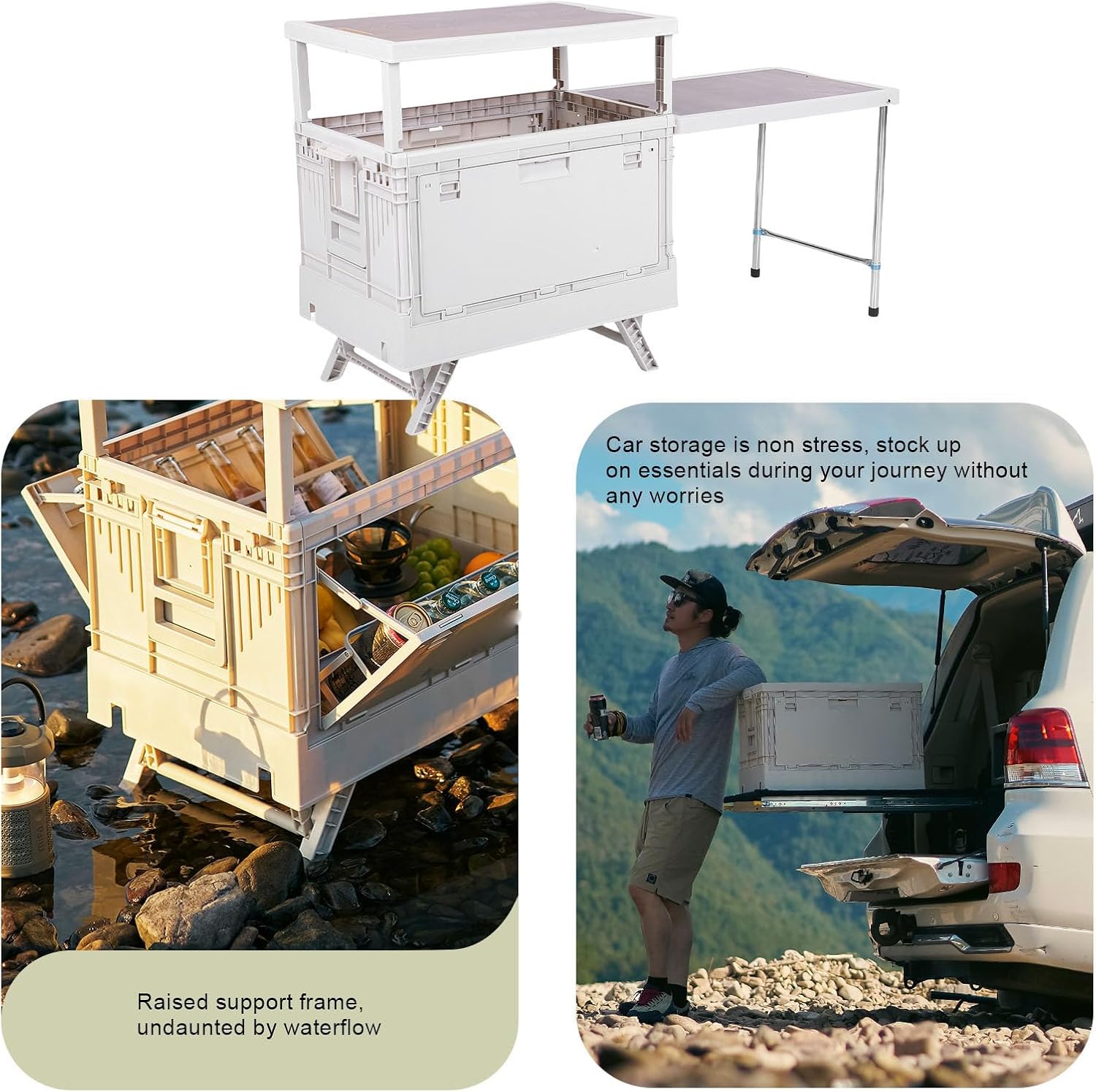 AUNMAS Folding Storage Camping Box with Table, Multi Functional Camp Collapsible Bins for Patio BBQ Picnic Glamping Traveling (White)