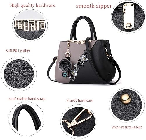 Miniatura 9 de ELDA Monederos y bolsos para mujer bordado con asa superior bolso de hombro para mujer bolso de mano de mensajero Negro, Negro 2, azul+negro, marrón