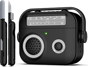 R-Fun for AirPods 4 Case, Shockproof Silicone Protective Case Compatible with AirPods 4 Generation, Vintage Radio Design Protective Case with Carabiner, LED Front Visible Design, Black