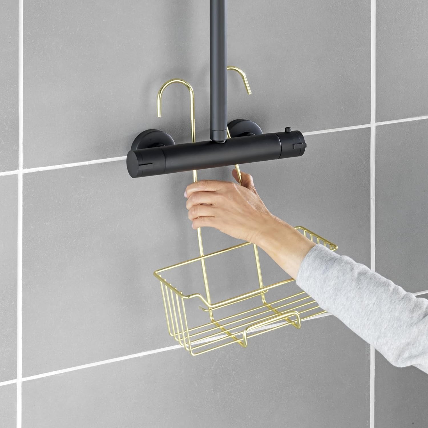 WENKO Milo Thermostatic Shower Caddy for Hanging on the Tap, Stainless Steel Shelf (Rust-Proof), 25 x 36 x 14 cm, Gold