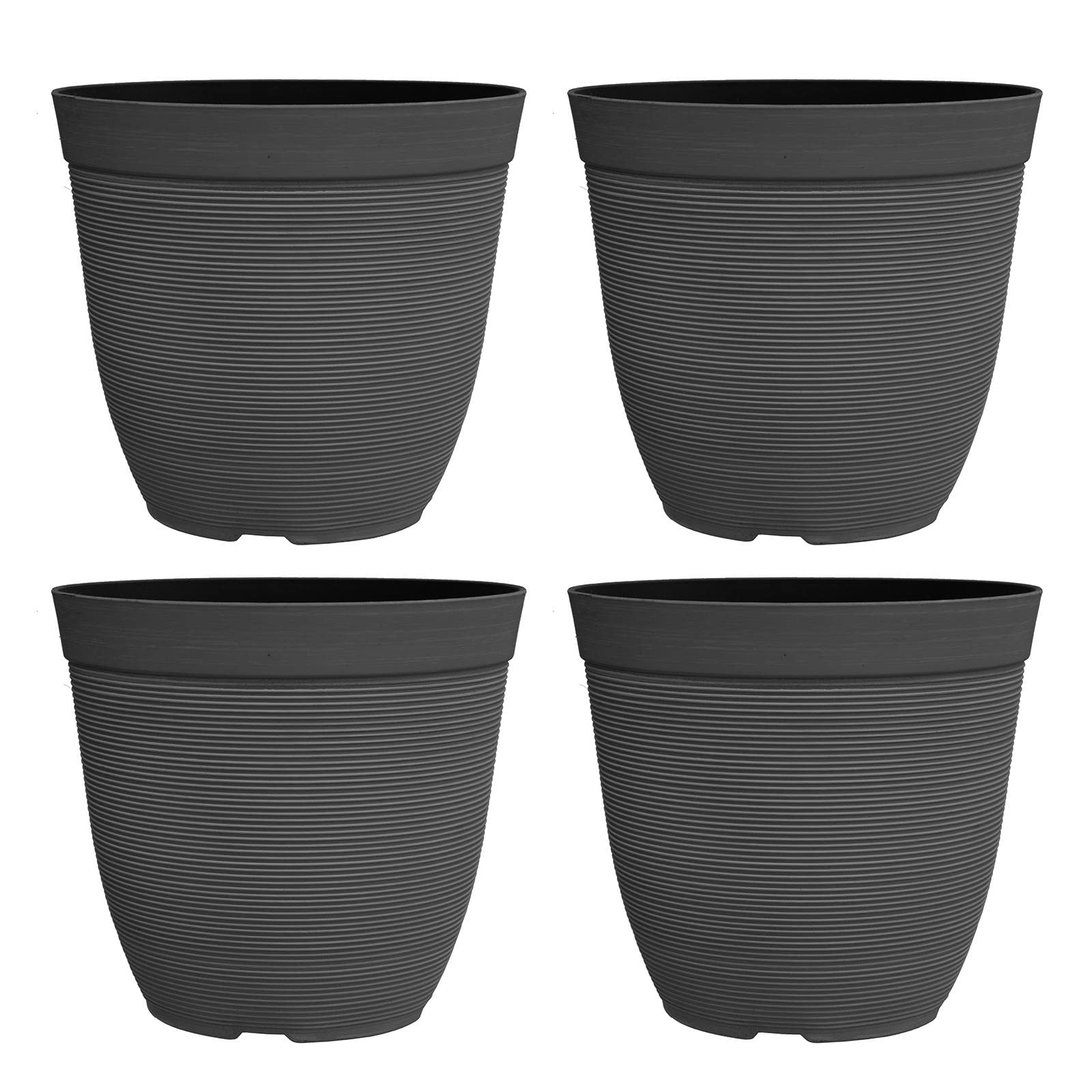 Simpa Black Rustic Ridge Plastic Planter Pots - Set Of 4 Pots - 28Cm (H) X 30Cm Diameter