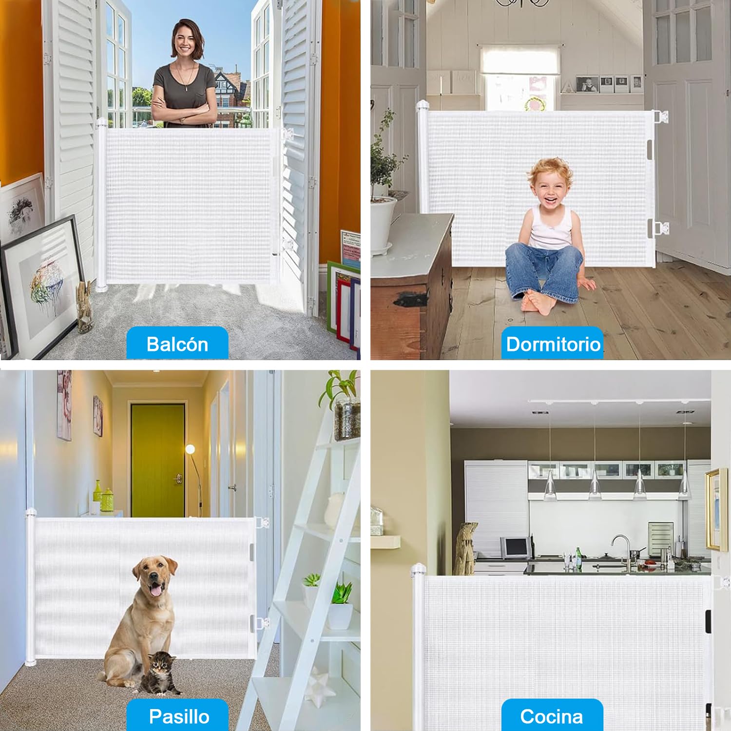 Puerta Seguridad Bebé Extensibles, Barrera Seguridad Nños y Perros, 0-150 cm Retráctil Vallas para Escaleras y Pasillos, Interiores y Exteriores