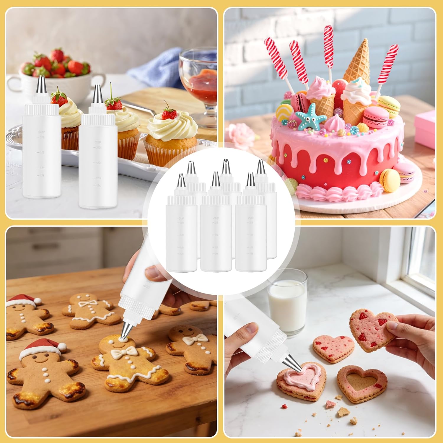 6 Pieces Icing Piping Bottles for Cookie Decorating 4 OZ Plastic Frosting Squeeze Bottles with 6 Different Piping Tips for Icing Cookie Frosting Sauces Pancake Art (4 oz)