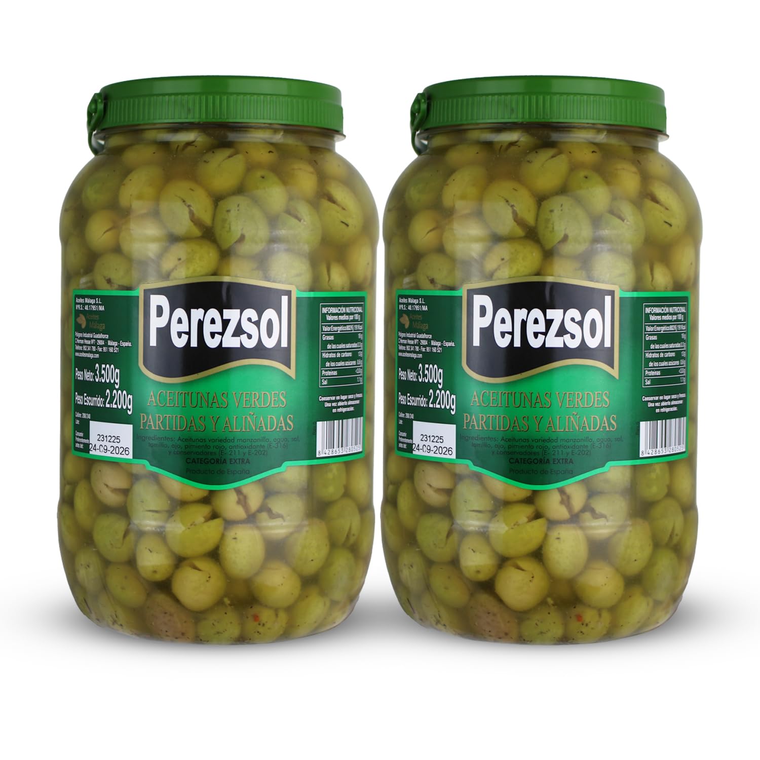 Aceitunas Manzanilla Partidas Extra Perezsol Bote 3 kg (2,2 kg Escurrido) Aperitivo Español