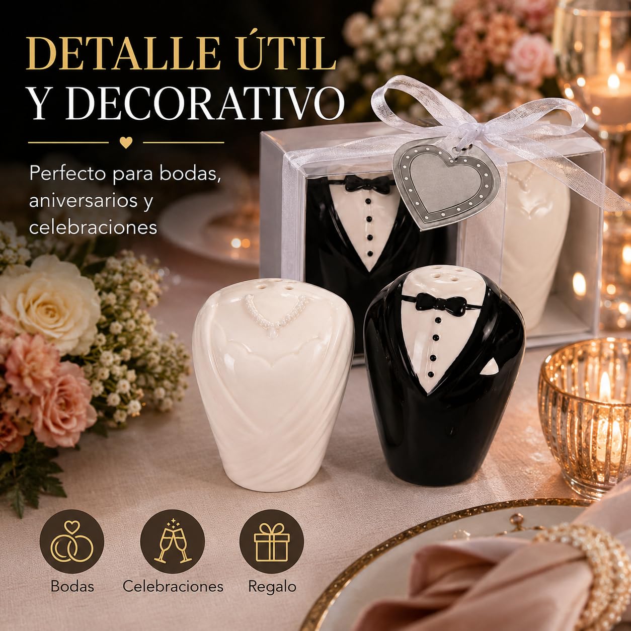 Detalles para Boda Invitados, Salero y Pimentero Novios Cerámica, 25uds | Detalle práctico para invitados de boda, ideal para repartir en ceremonias, banquetes o eventos de verano.